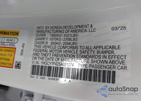 2025 Honda Accord Se z USA, uszkodzony, nr VIN 1HGCY1F42SA021274